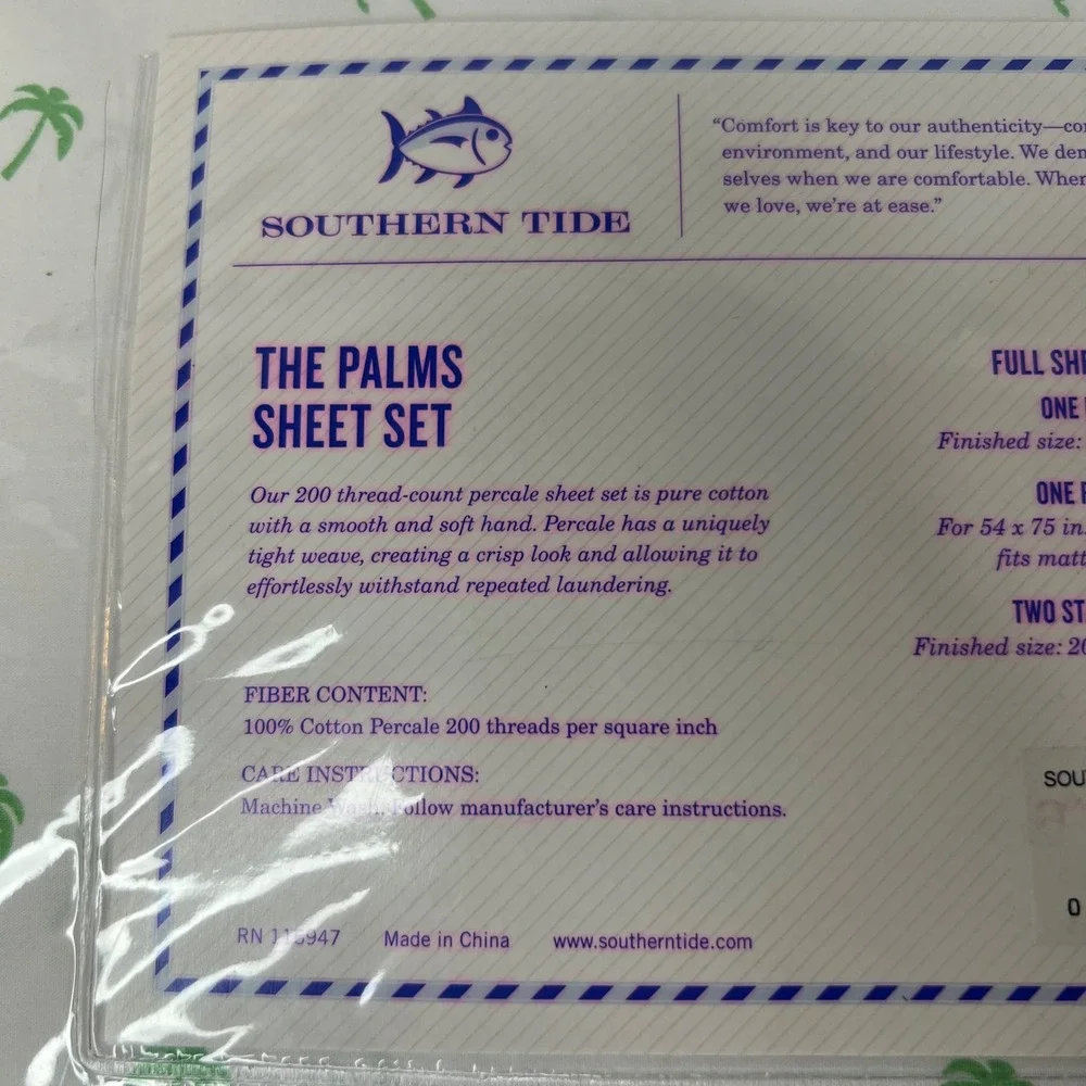 Southern Tide The Palms‎ Sheet Set Full Size Palm Trees Cotton 200 TC NIP